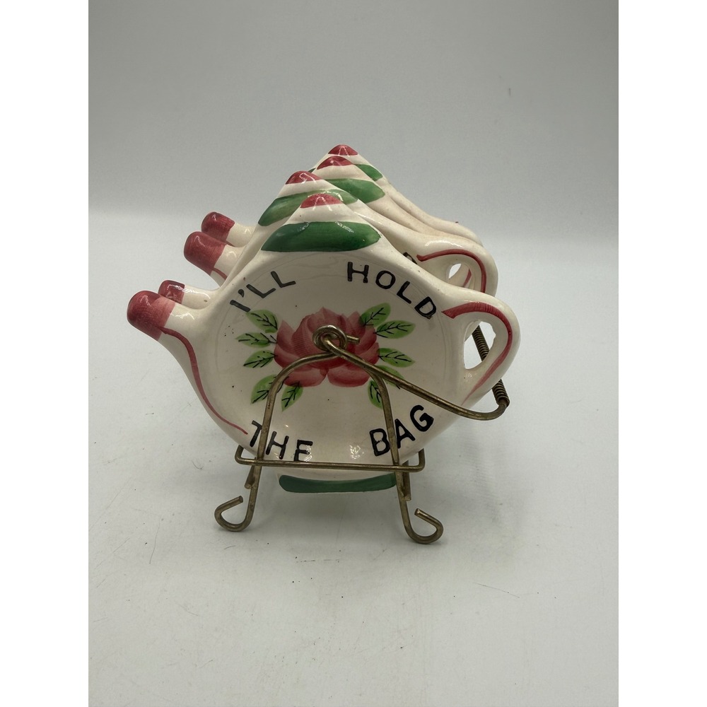 Cardinal Ceramic Tea Bag Holder Set of 4 with Metal Rack I'll Hold The Bag Rose